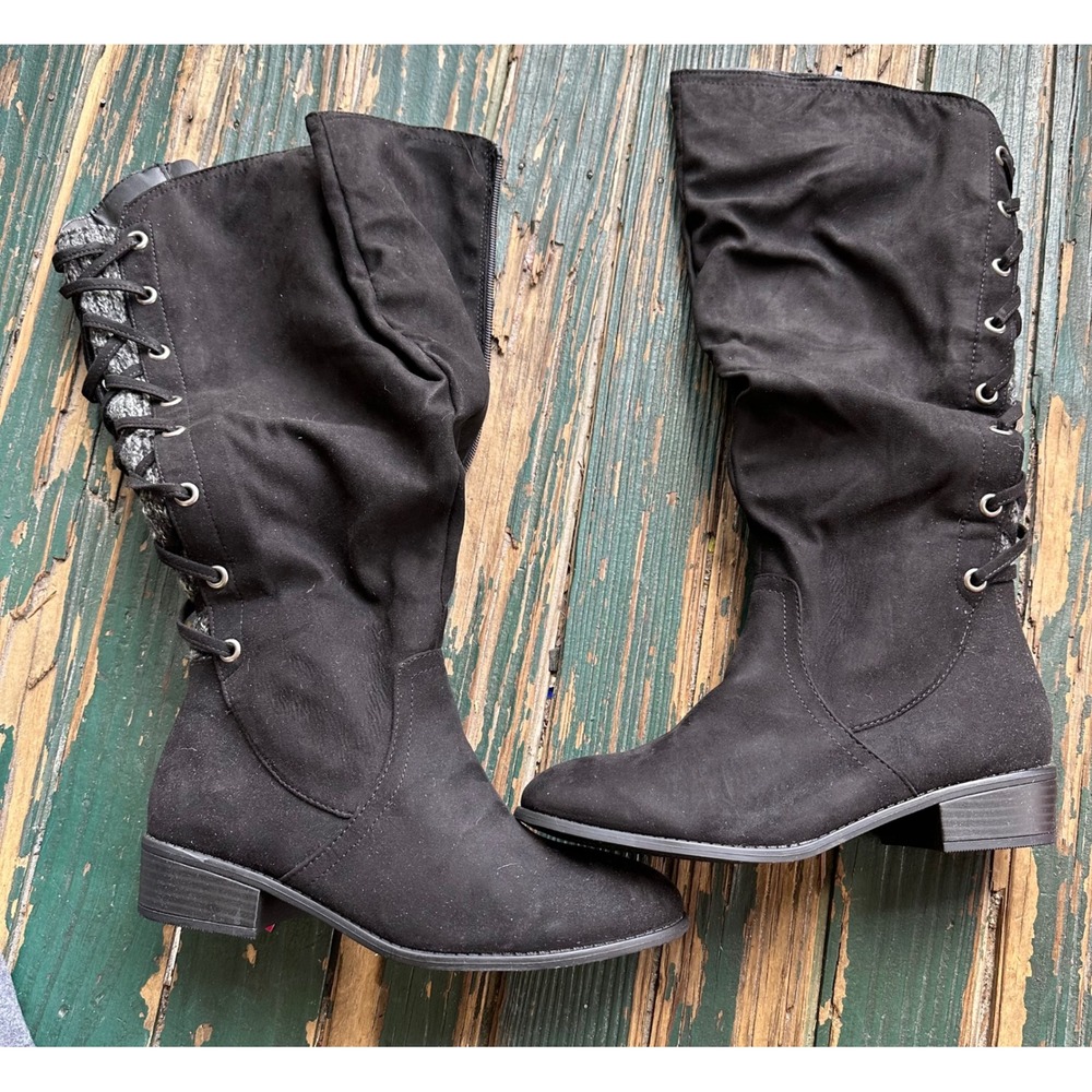 SO Othonna Black Wide Calf Tall Boots Womens 8.5 Wide Slouchy Lace Up Back